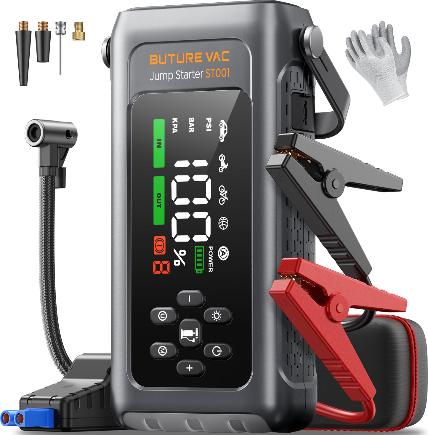 ST001 9-in-1 5000A 150PSI Car Battery Booster Jump Starter with Air Compressor (All Gas/9L Diesel), Portable Car Battery Booster Pack, Safe Durable Car Jump Starter with Extended Jumper Cables, Gloves, Lights