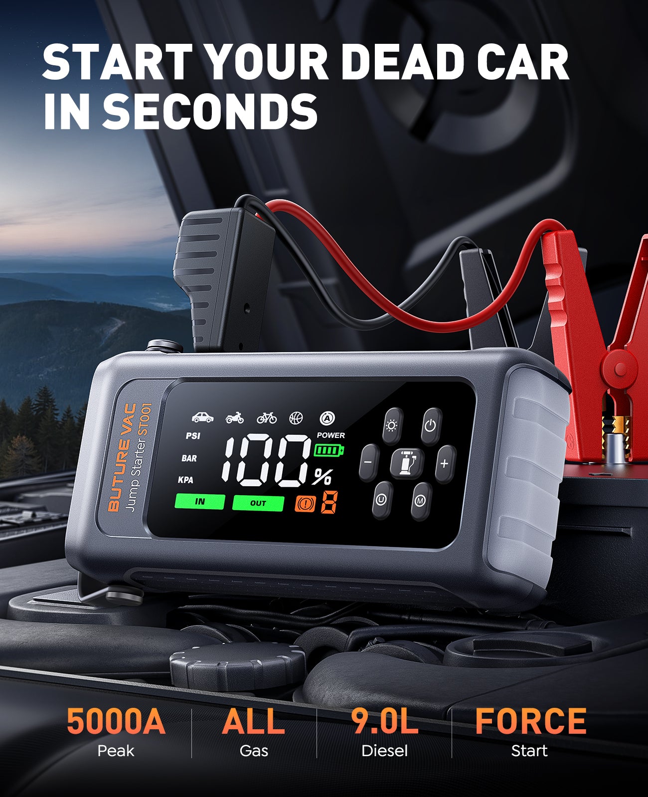 ST001 9-in-1 5000A 150PSI Car Battery Booster Jump Starter with Air Compressor (All Gas/9L Diesel), Portable Car Battery Booster Pack, Safe Durable Car Jump Starter with Extended Jumper Cables, Gloves, Lights