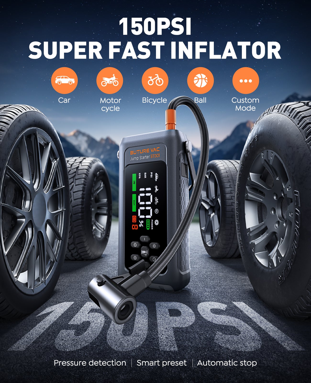 ST001 9-in-1 5000A 150PSI Car Battery Booster Jump Starter with Air Compressor (All Gas/9L Diesel), Portable Car Battery Booster Pack, Safe Durable Car Jump Starter with Extended Jumper Cables, Gloves, Lights
