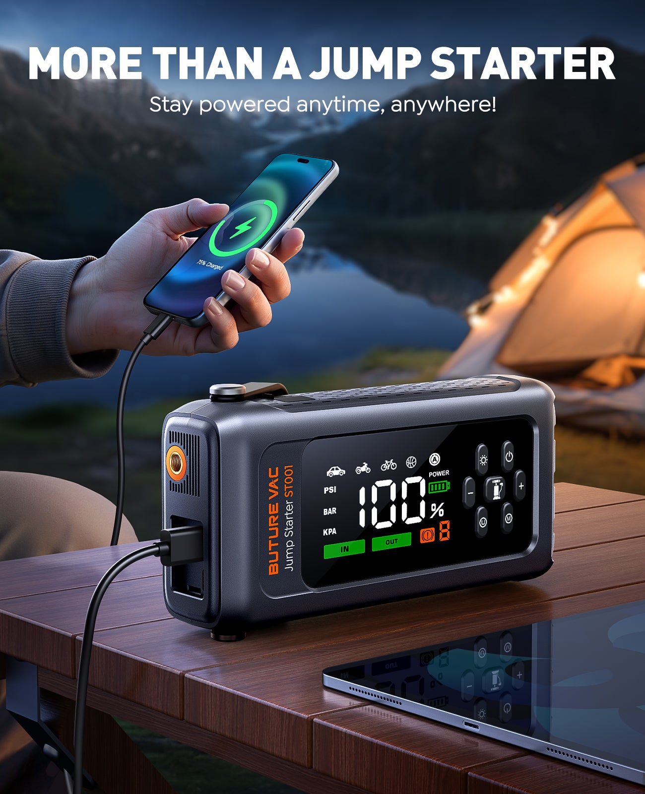 ST001 9-in-1 5000A 150PSI Car Battery Booster Jump Starter with Air Compressor (All Gas/9L Diesel), Portable Car Battery Booster Pack, Safe Durable Car Jump Starter with Extended Jumper Cables, Gloves, Lights